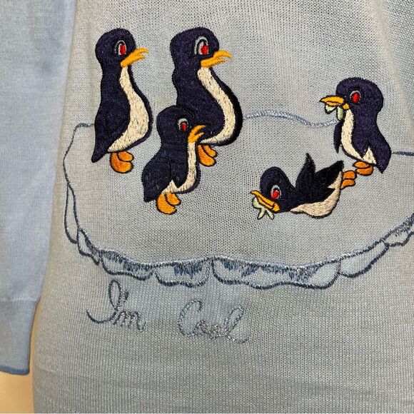 Vintage Rochelle Sweater Knit Penguin I’m Cool Zip Crewneck Blue Size Medium - Picture 5 of 10